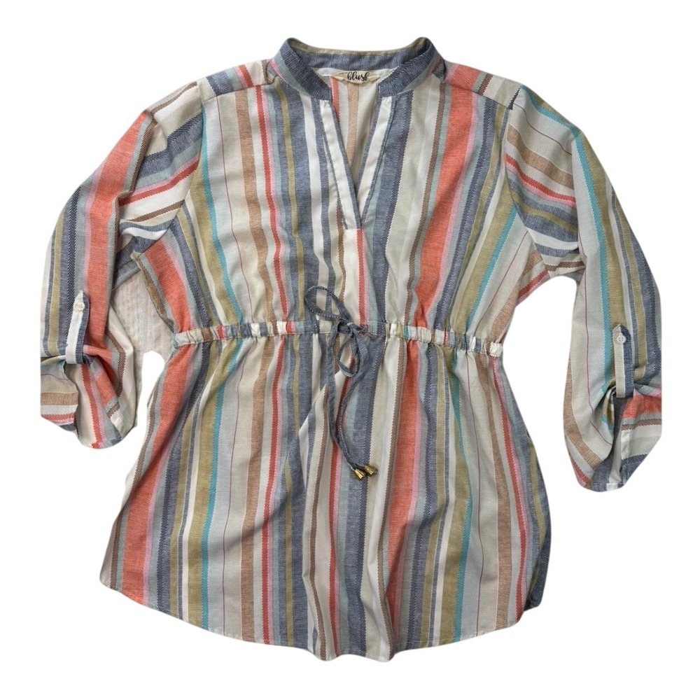 Boho Striped Tunic Top Drawstring Waist Large Hint of Blush‎